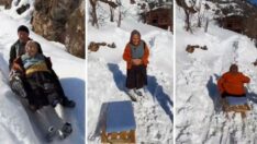 95 yaşındaki Saadet Nine’nin tahta kızak keyfi