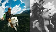 Köpeğiyle birlikte yamaç paraşütü yaptı