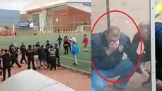 Amatör maçta sahaya atılan davul tokmağı, polisin yüzüne isabet etti