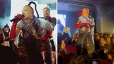 Konserde seyircinin sesinden korkan Hande Yener mikrofonu uzattığı gibi geri çekti